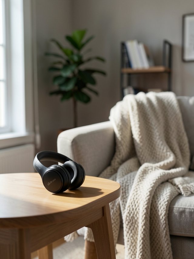 After — AI Lifestyle product shot from Product Studio, same headphones on a side table in a living room